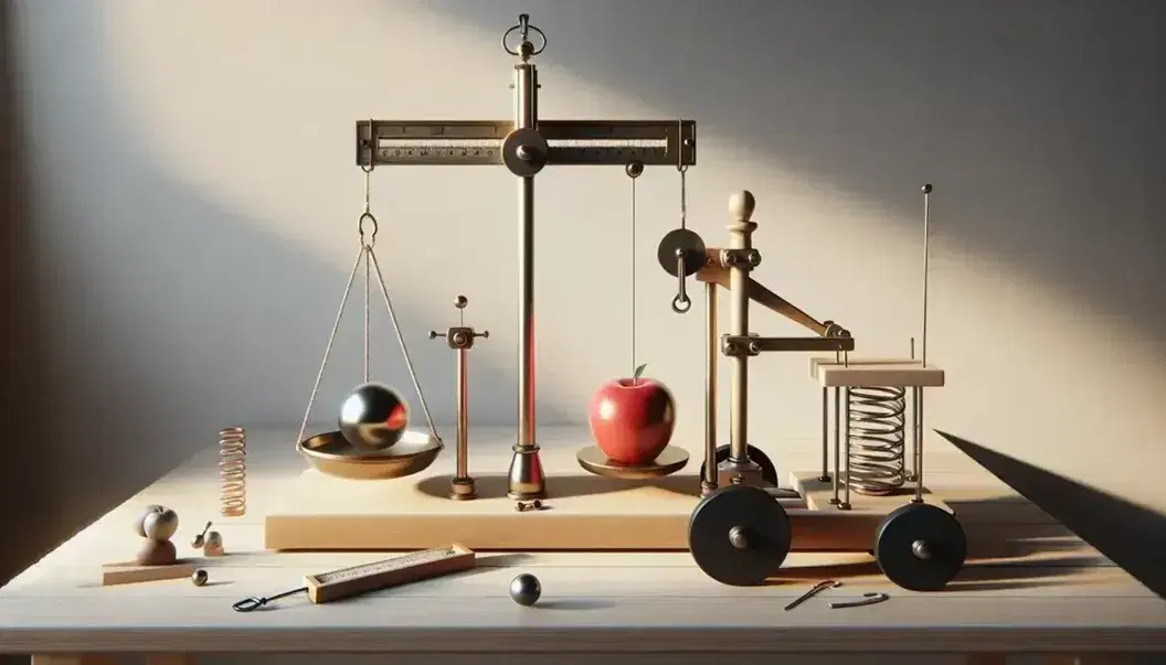 Bilancia a due piatti in equilibrio con mela rossa e sfera metallica grigia, dinamometro a molla e carrellini legati su tavolo in legno chiaro.