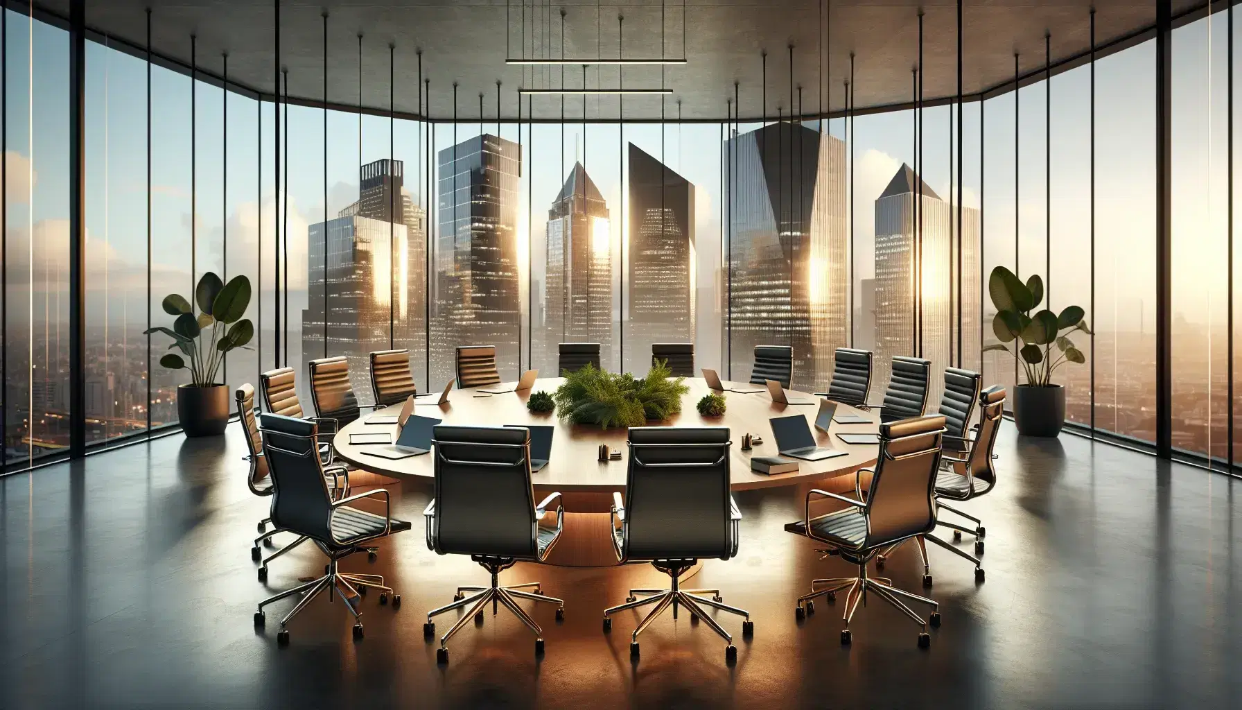 Modern boardroom with oval wooden table, black leather chairs, laptops, and panoramic window overlooking a sunset cityscape.