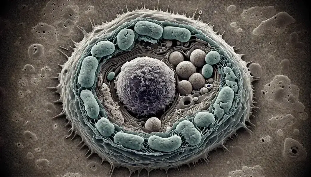 Micrografía electrónica colorizada de célula eucariota con núcleo esférico, nucleolo, citoplasma granulado, mitocondrias y vesículas, rodeada por membrana plasmática irregular.
