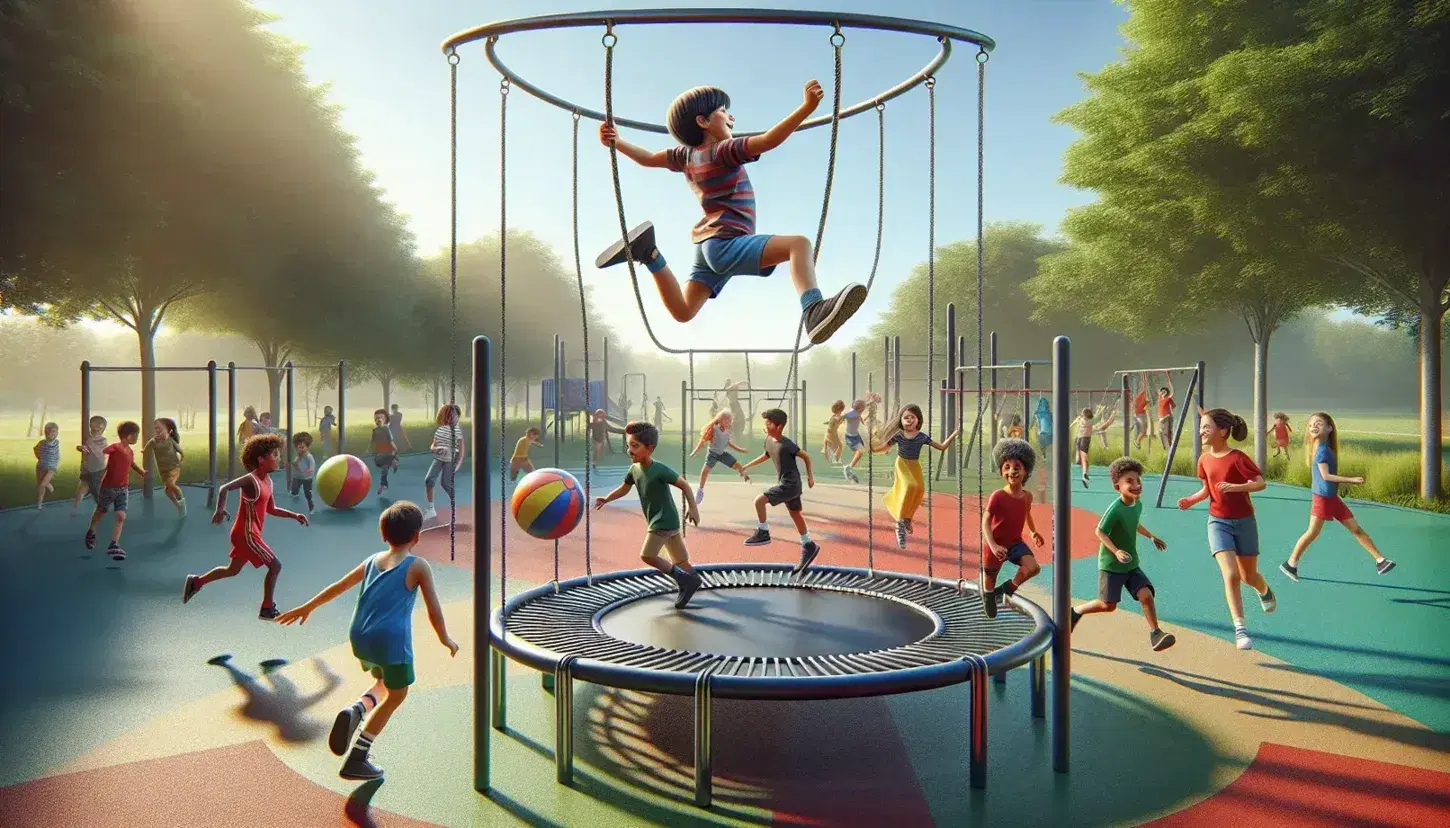 Niños diversos jugando en parque soleado, con niño saltando en trampolín, niña en barra horizontal y otros con pelota y corriendo en pista.