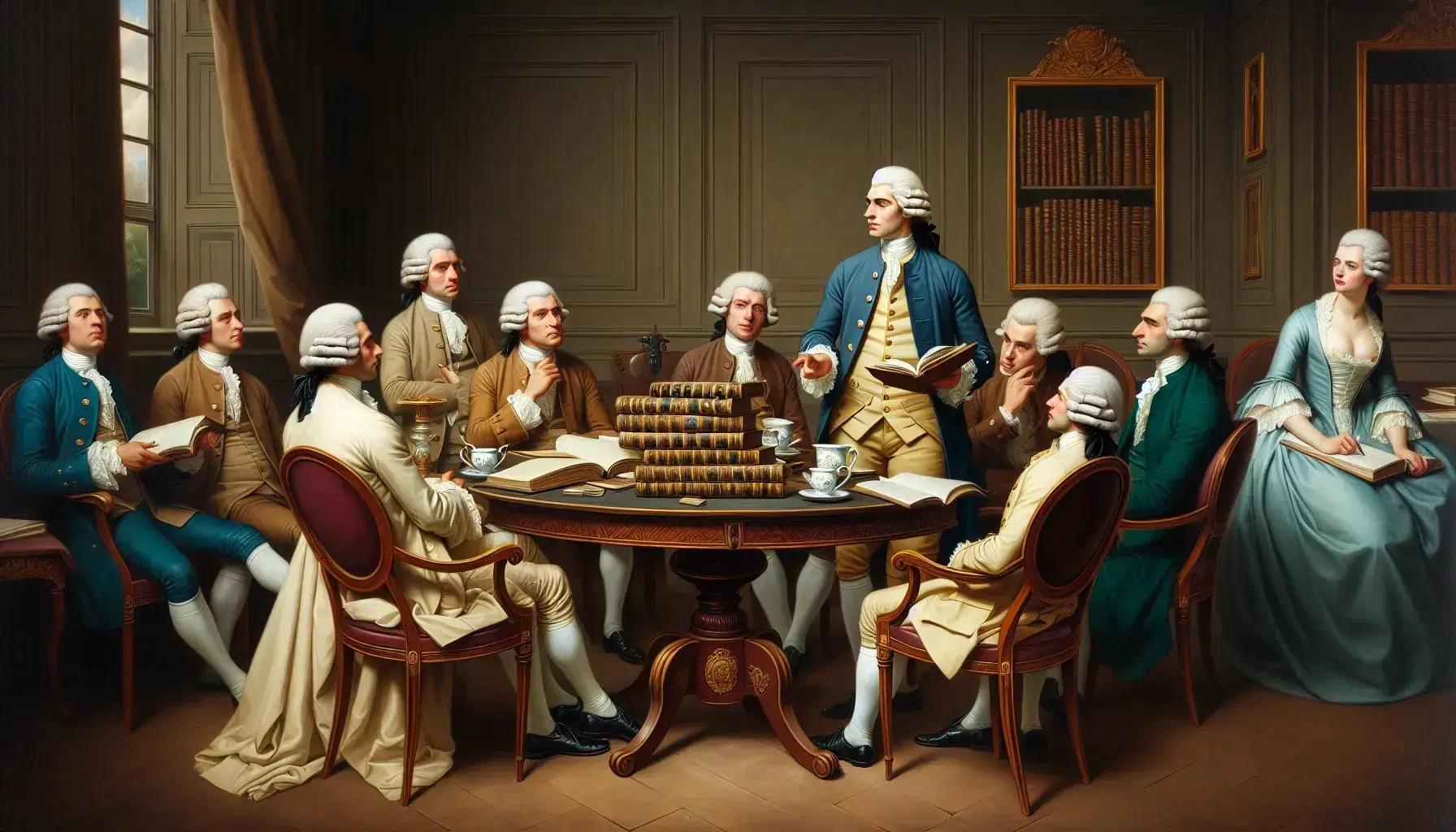 Grupo de personas en atuendos del siglo XVIII debatiendo en un salón iluminado por un candelabro, con libros y una mujer tomando té.