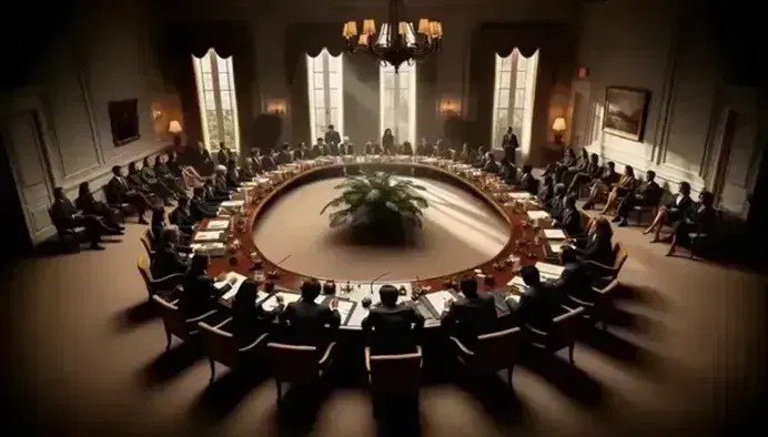 Multi-ethnic Latin American professionals in a lively discussion around an oval conference table with documents, in a well-lit, stylish room.