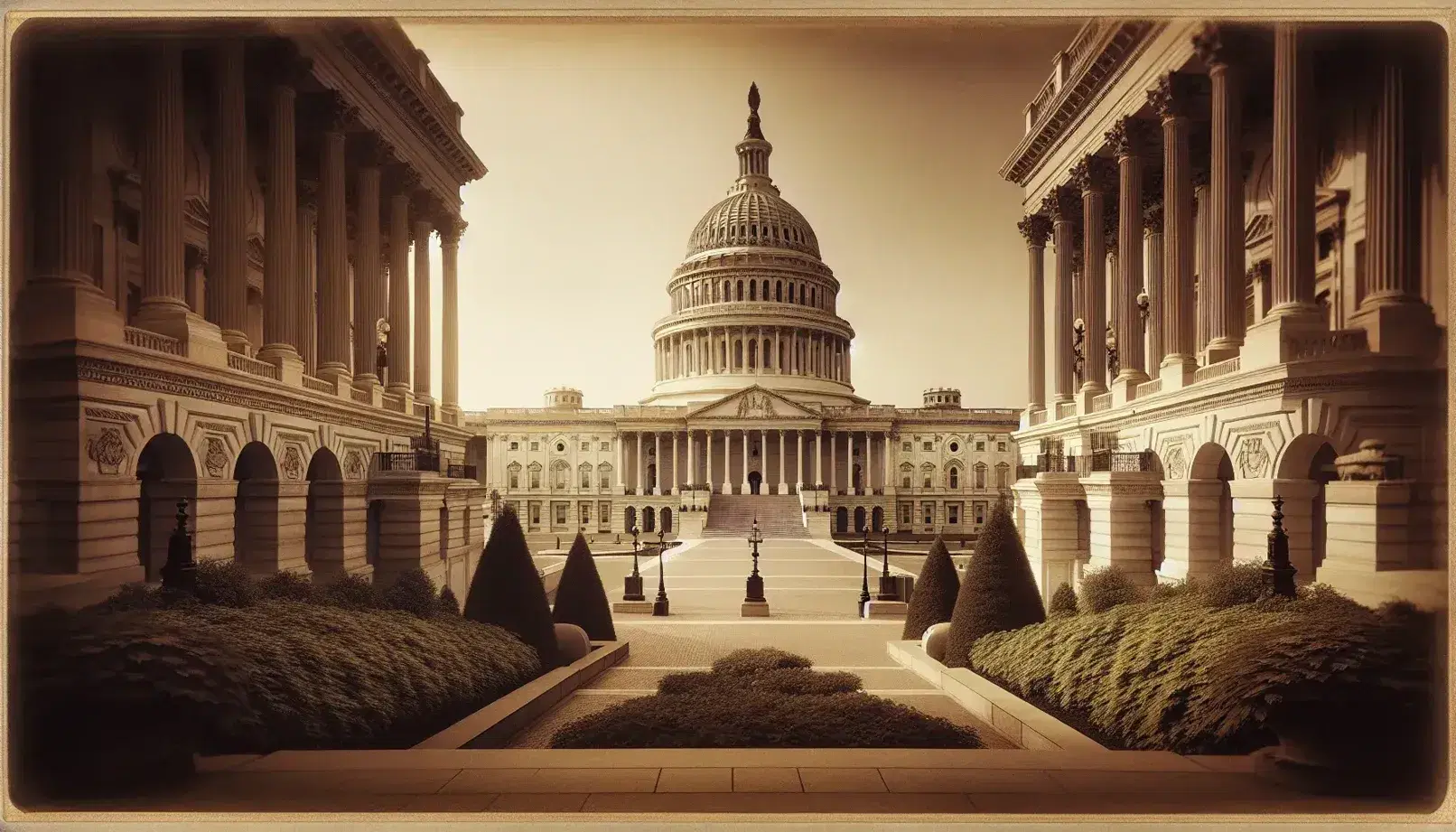 Vintage sepia-toned photo of the US Capitol with its iconic dome and neoclassical facade, clear skies above, and lush greenery in the foreground.
