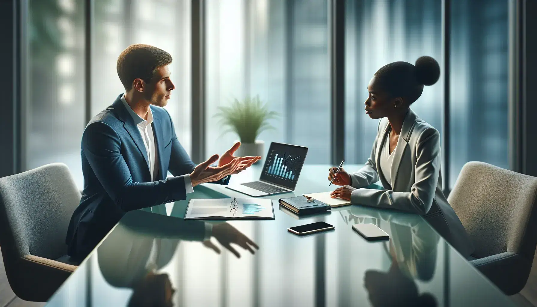 Two professionals in a meeting, a Caucasian man in a navy suit gesturing and a Black woman in a grey blazer taking notes, with a laptop displaying a graph on a glass table.