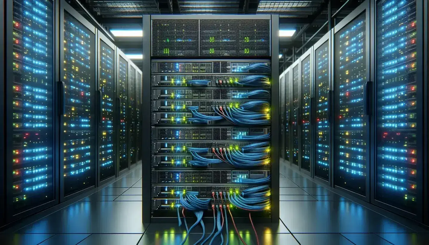 Centro de datos con racks de servidores iluminados por luces LED azules y verdes, cables de colores organizados y pasillos de equipos similares.