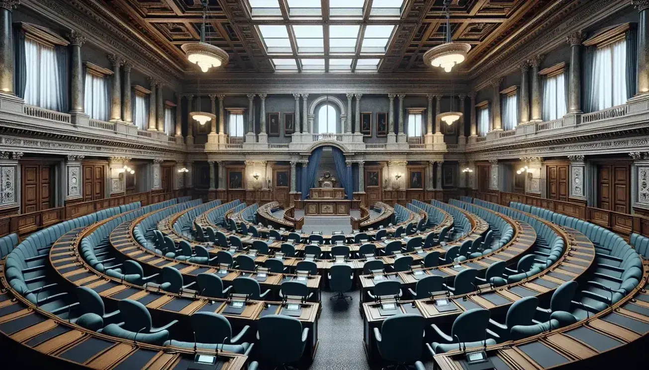 Sala vuota del parlamento con scrivanie semicircolari blu, sedile elevato per il presidente, pareti bianche decorate e lampade pendenti.