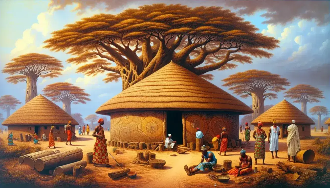 Traditional Igbo village scene with a thatched-roof mud hut, an iroko tree, and locals in colorful attire engaging in wood carving and basket weaving.