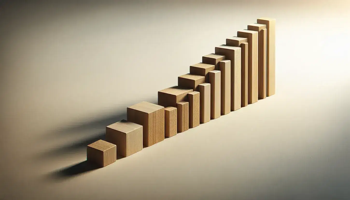 Bloques de madera en gradiente de altura formando una curva simétrica que simula una escalera o gráfico de barras en superficie lisa.