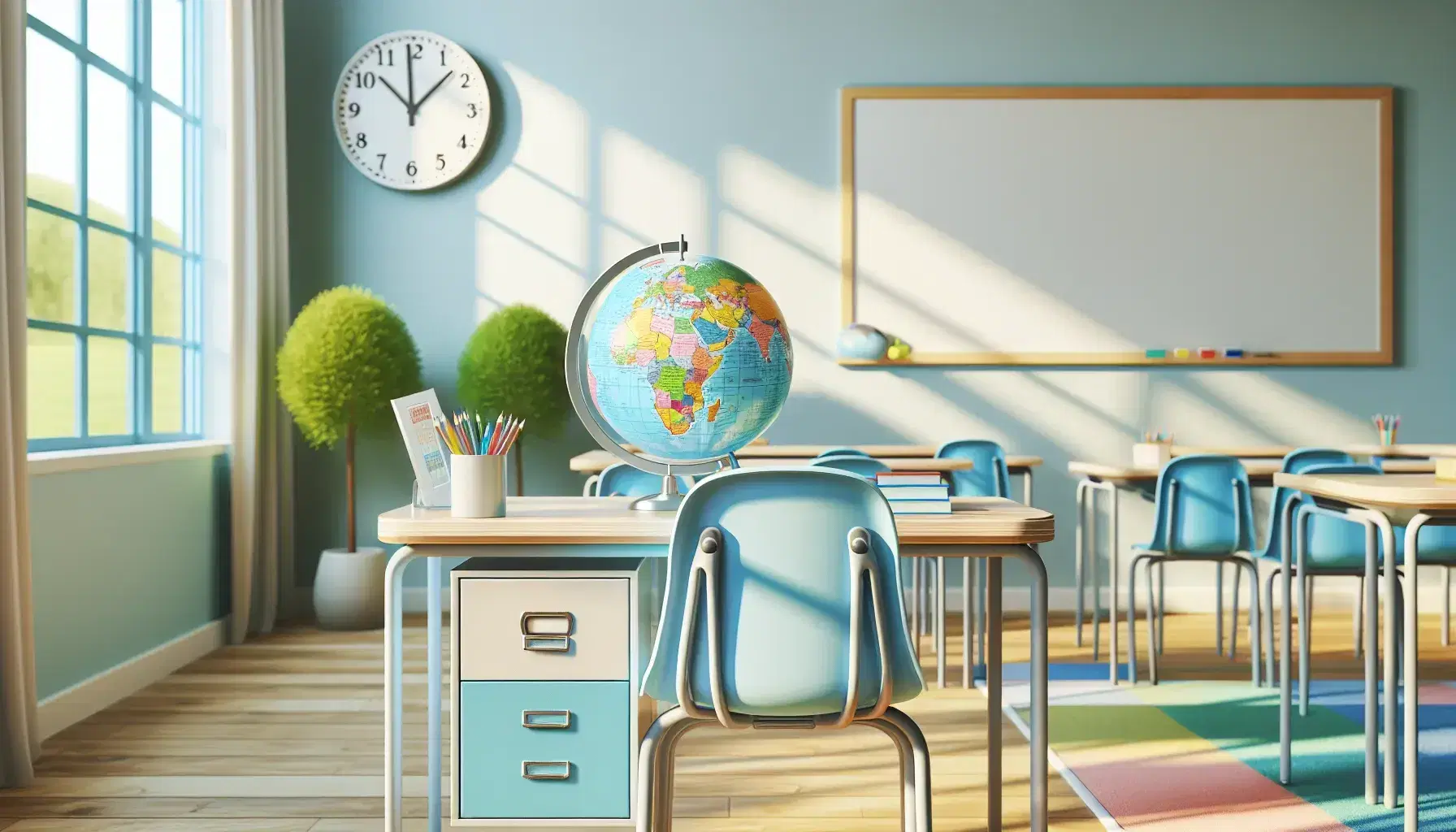 Aula colorida con mesa y globo terráqueo, silla de estudiante azul, reloj y pizarra blanca, rodeada de ventanas con cortinas y árboles al exterior.