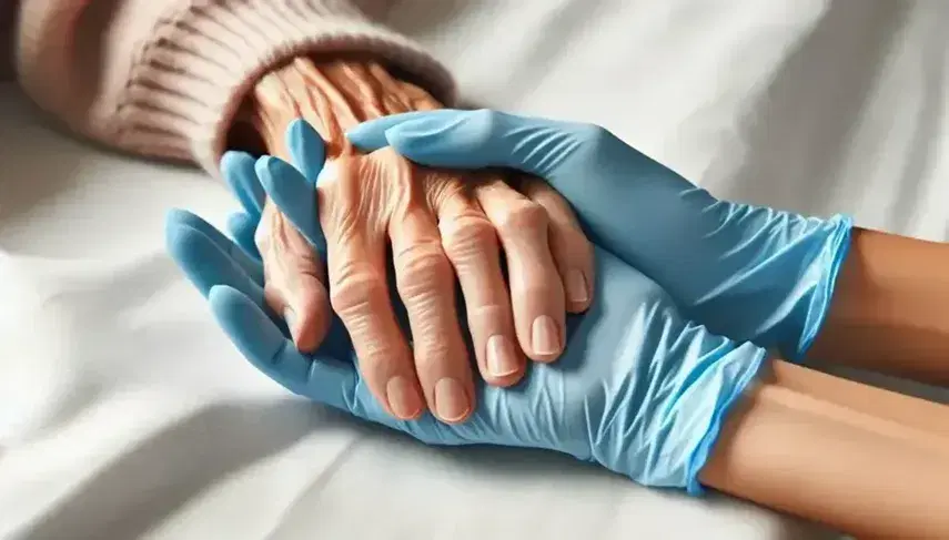 Manos con guantes de látex azules sostienen con cuidado la mano envejecida de un paciente sobre una superficie blanca, transmitiendo apoyo y compasión.