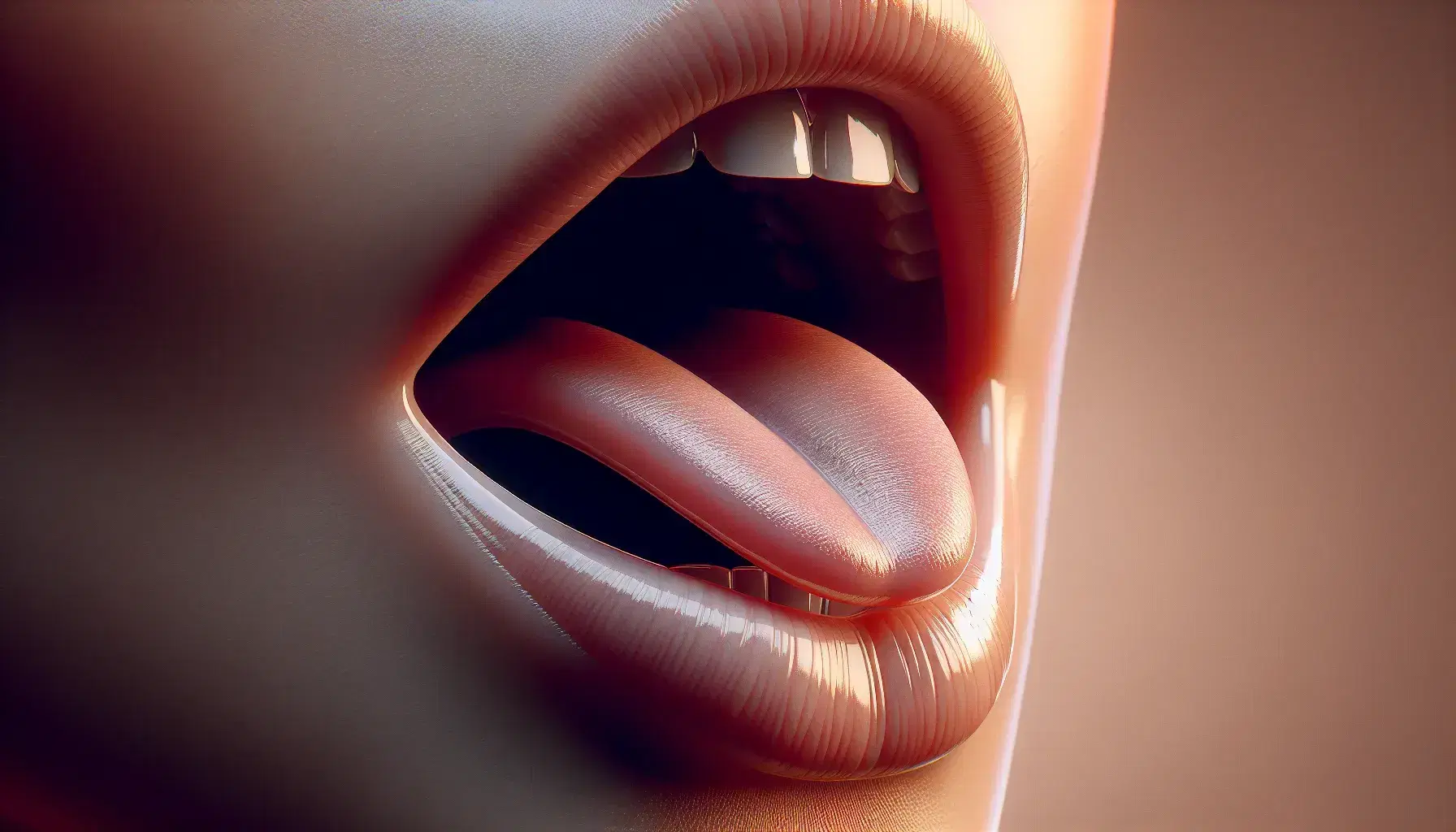 Close-up view of a human mouth slightly open with a low, flat tongue, indicating vowel articulation against a soft beige to coral gradient background.