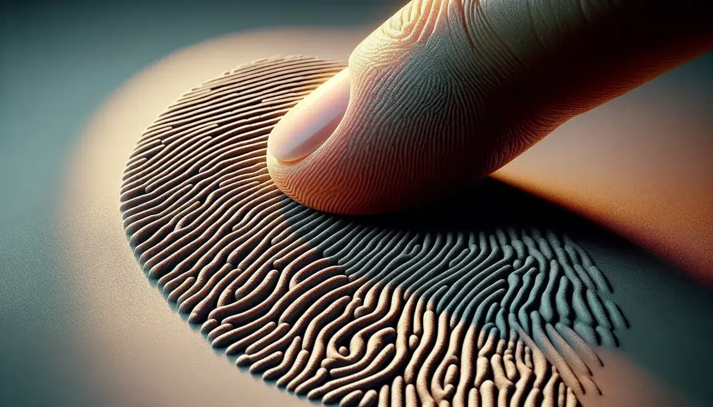 Close-up view of a human fingertip with detailed fingerprint ridges pressing against a ridged rubber surface, with a soft-focus human silhouette in the background.