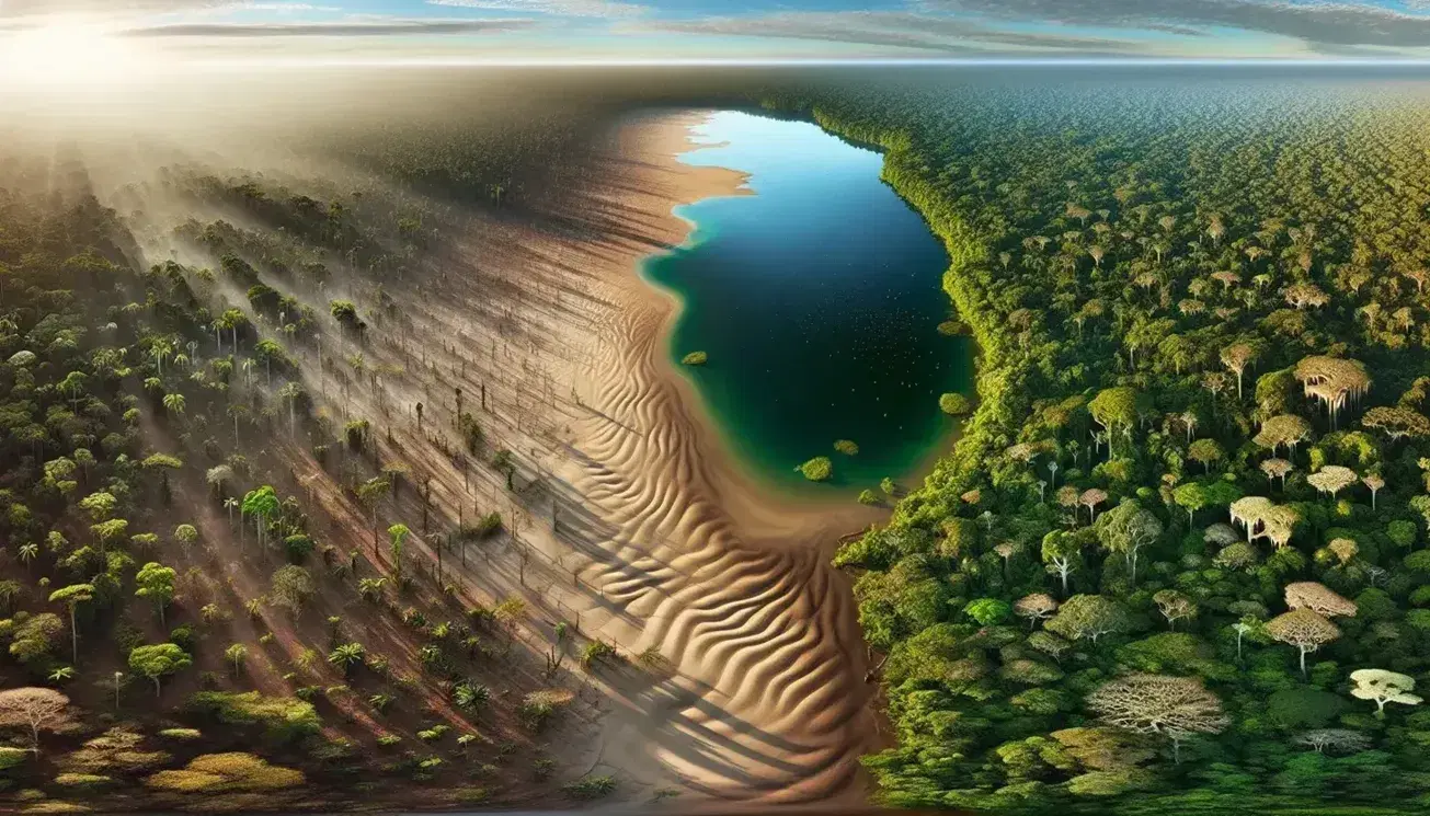 Panorama di ecosistemi vari con lago, foresta pluviale, deserto, regione polare e macchia mediterranea senza segni umani.