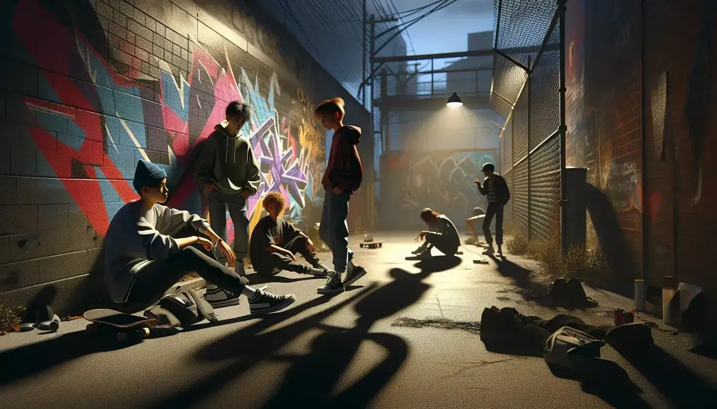 Group of teenagers in an evening urban alley with colorful graffiti, one leaning against the wall, another sitting on the ground and one standing illuminated by a street lamp.