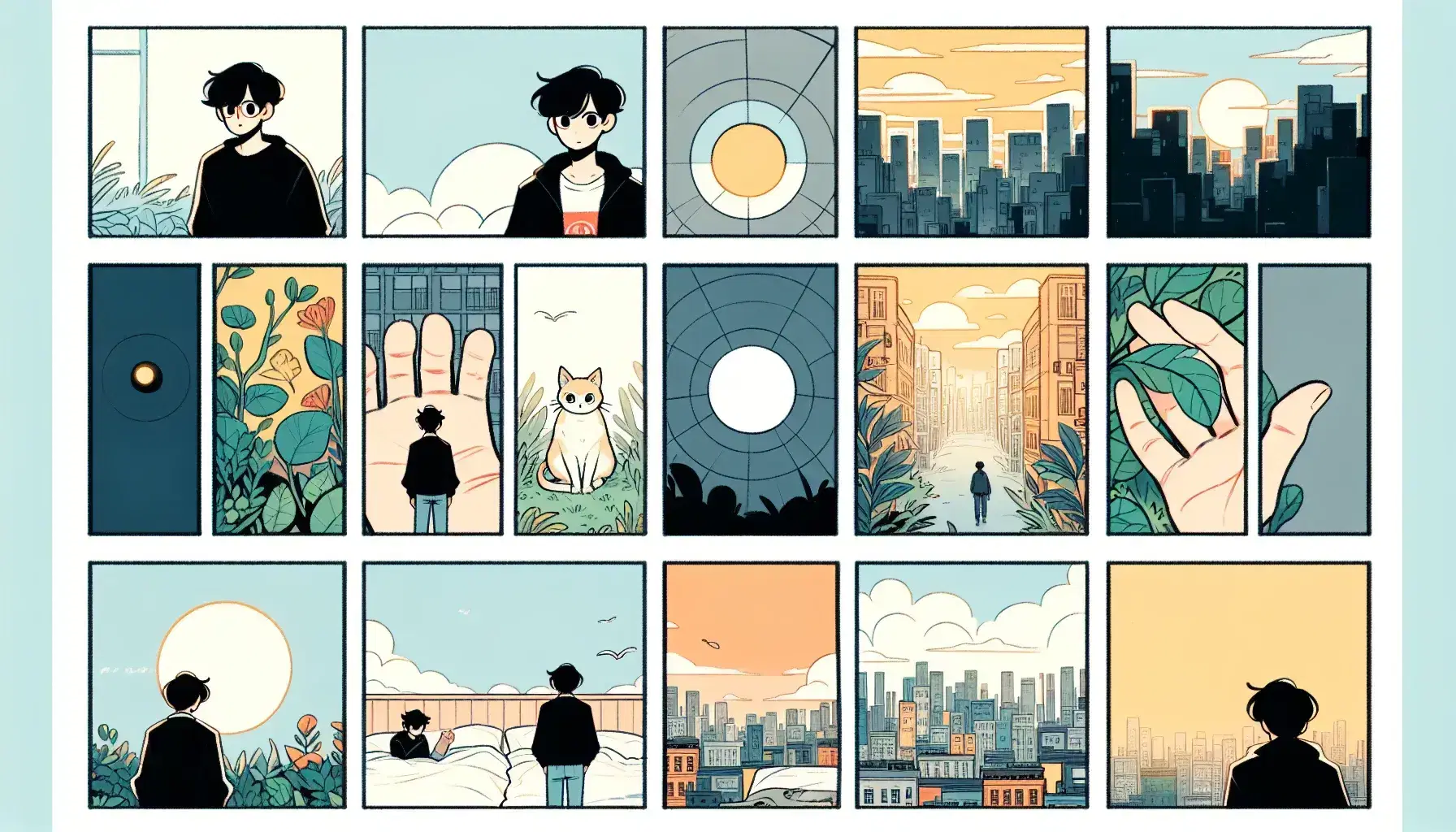 Secuencia de viñetas de cómic con personaje sorprendido, gato sentado, paisaje urbano al atardecer, mano con objeto redondo, planta con flor roja y dos aventureros corriendo en la selva.
