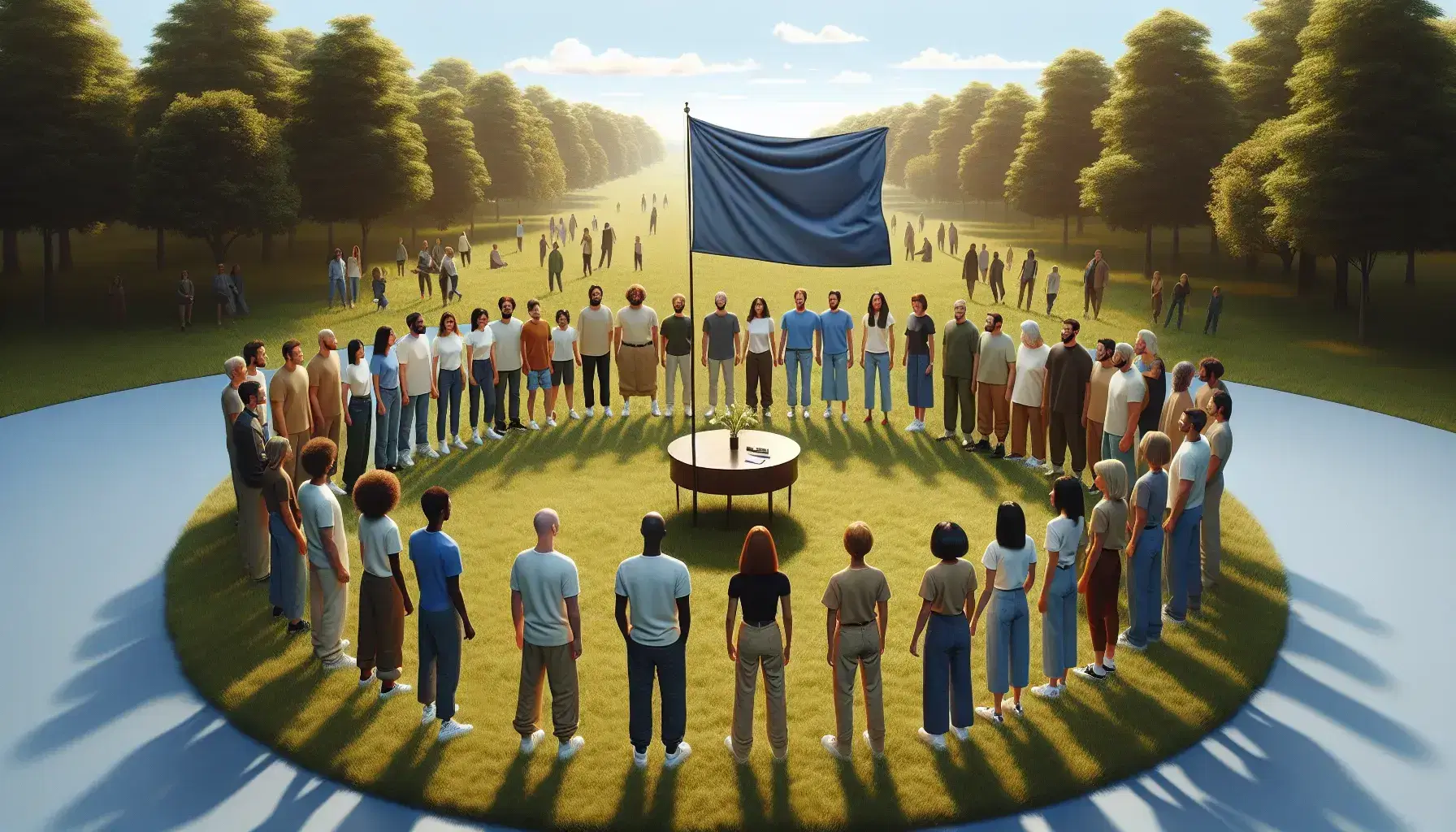 Gruppo multietnico e intergenerazionale in cerchio attorno a bandiera blu in parco, con alberi e cielo azzurro sullo sfondo.