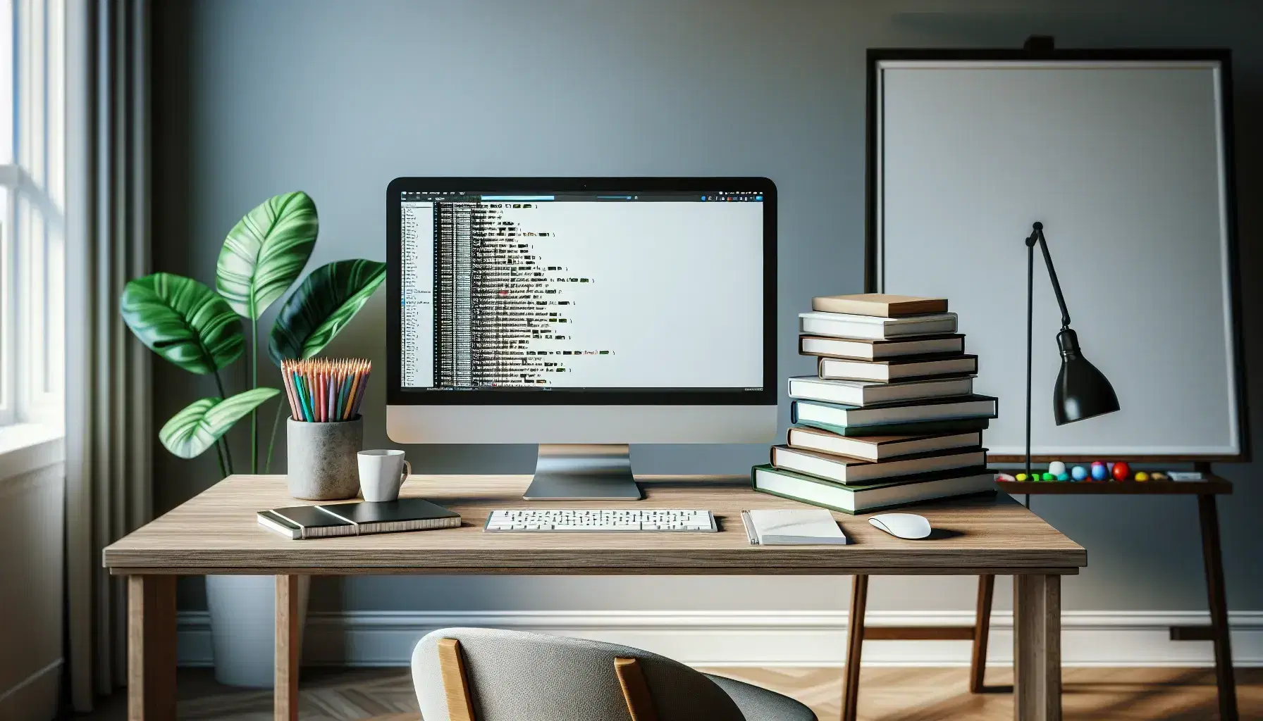 Tidy desk with modern computer, turned on screen, keyboard, mouse, white board, green plant and cup with colored pens.