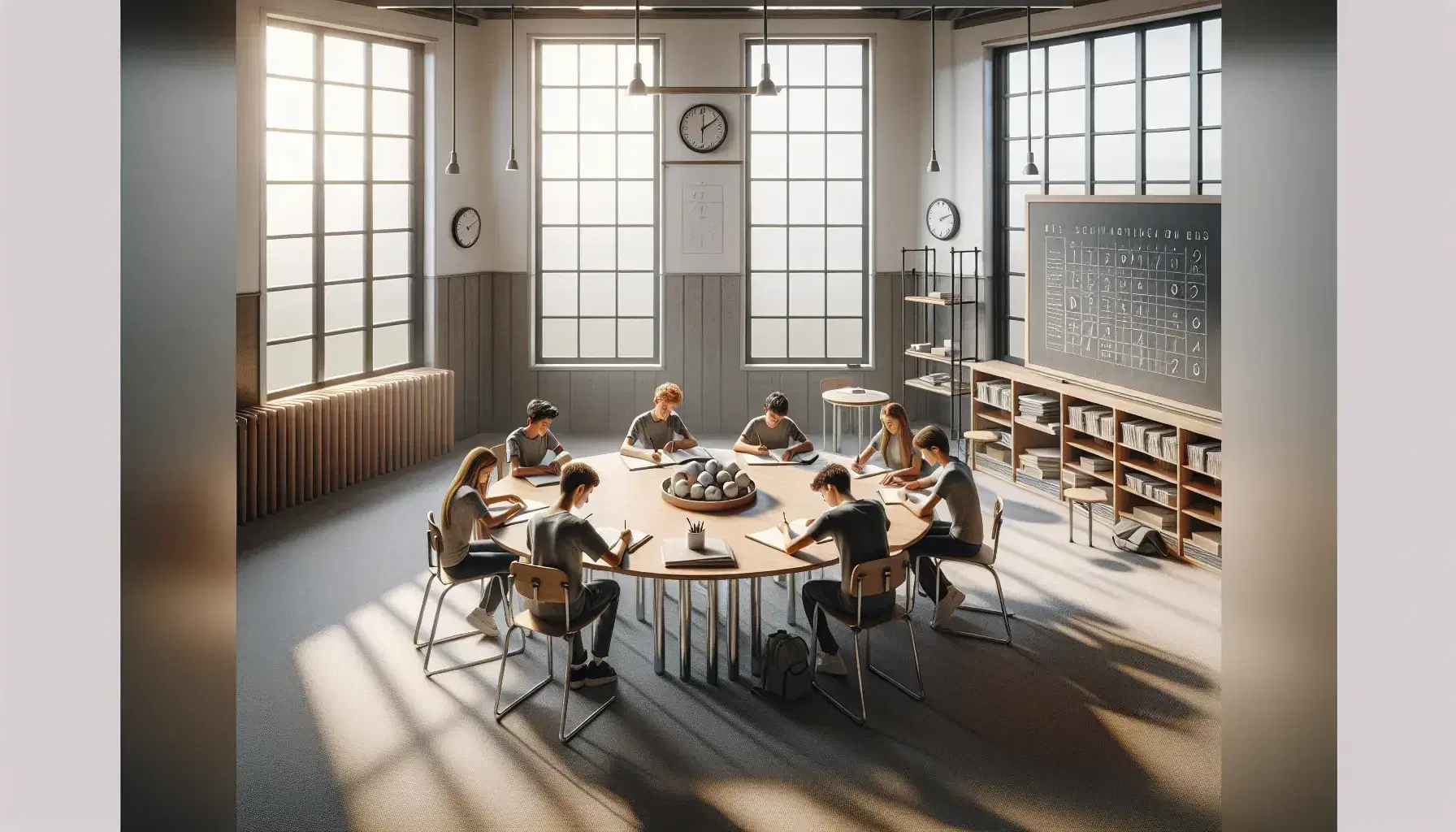 Aula luminosa con estudiantes concentrados alrededor de una mesa redonda, grandes ventanas, pizarra blanca y estantería con figuras geométricas.