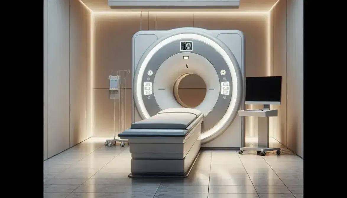 Máquina de Resonancia Magnética cilíndrica en sala médica con cama deslizable, monitor apagado y suelo de baldosas grises.