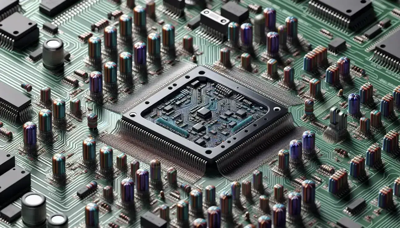 Close-up of a silicon microprocessor on green PCB board with electronic components such as capacitors, resistors and diodes soldered.