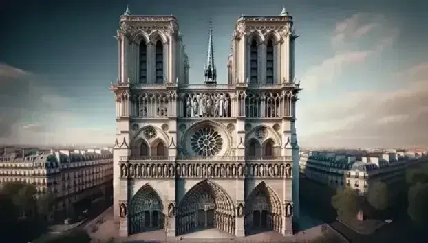 Vista panoramica della Cattedrale di Notre-Dame a Parigi, con dettagli gotici, torri quadrate, gargoyle e rosetta centrale, sotto un cielo azzurro.