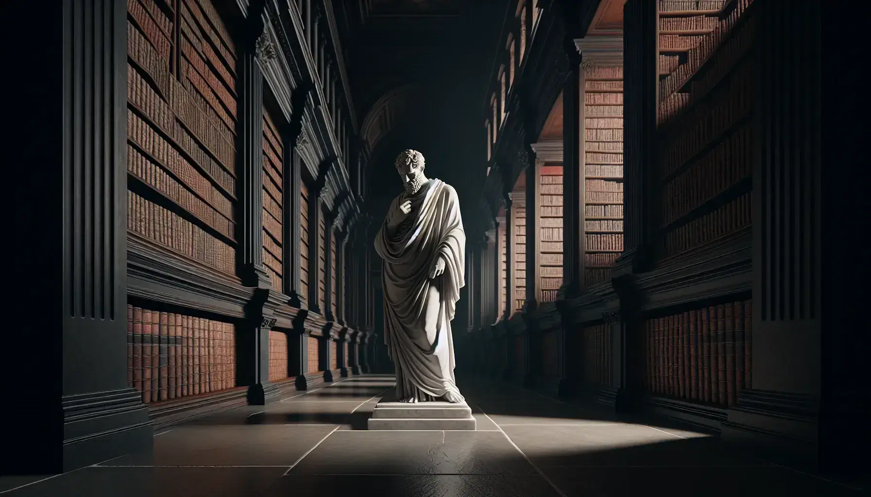 Statua in marmo bianco di filosofo in abito monastico, meditante, con sfondo di biblioteca antica e scaffali di libri in pelle.