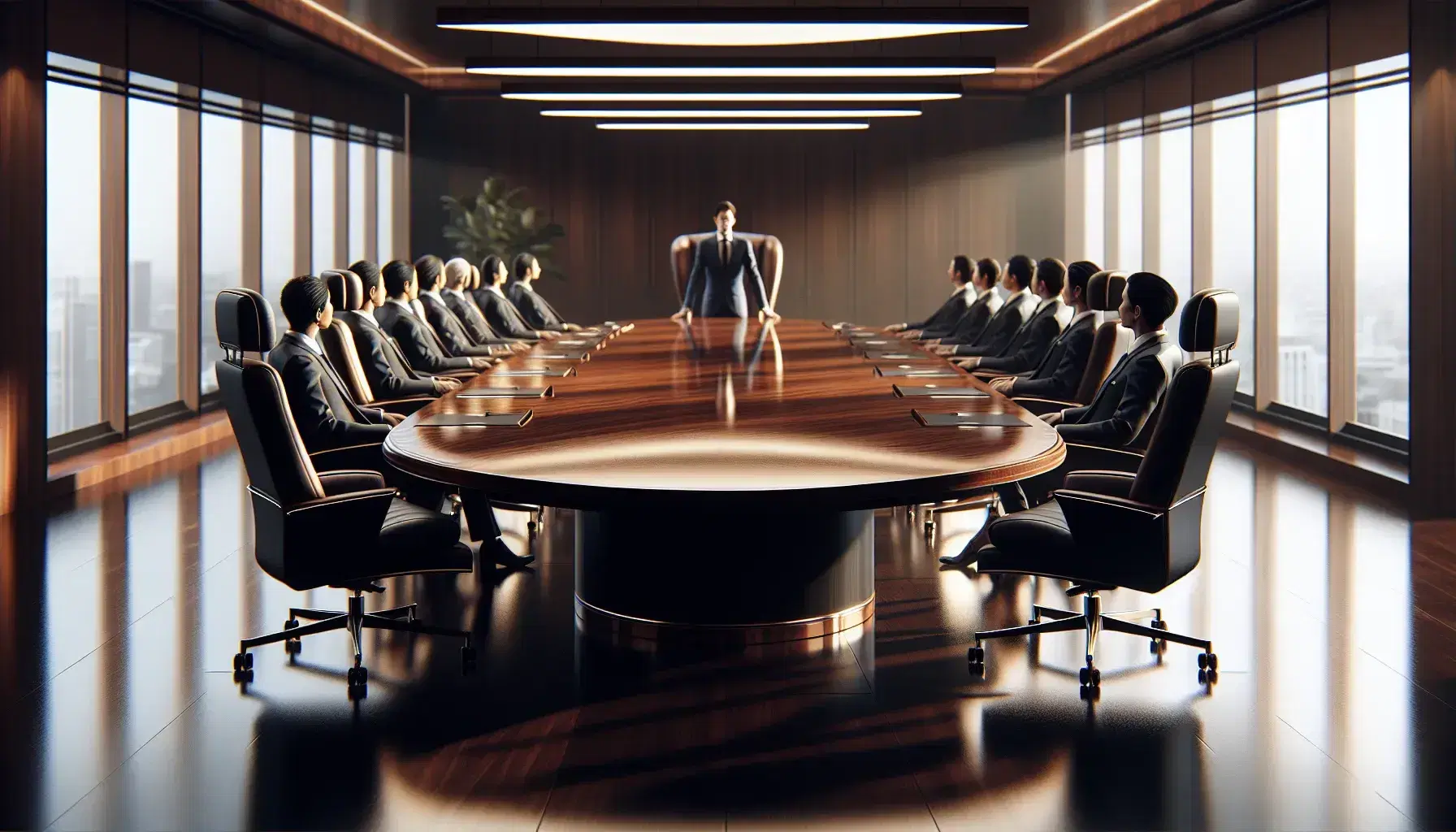 Elegant corporate boardroom with a polished oval table, high-backed leather chairs, and a person at the head indicating leadership, in a well-lit, decorous space.