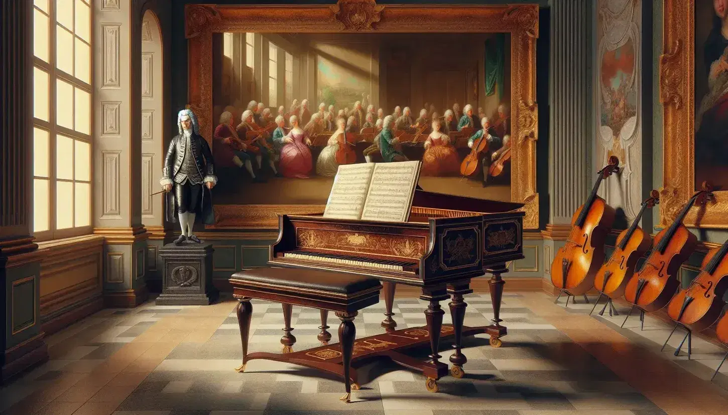 Interno elegante con clavicembalo marrone, spartito avorio, statua compositore settecentesco, quadri musicali e violino su sedia rossa.
