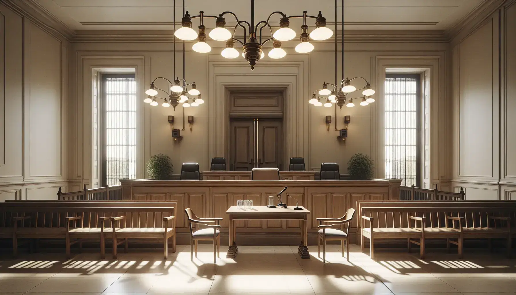 Sala de tribunal vacía con bancos de madera, estrado con mesa y silla, micrófono y ventanas con cortinas blancas que filtran luz natural.