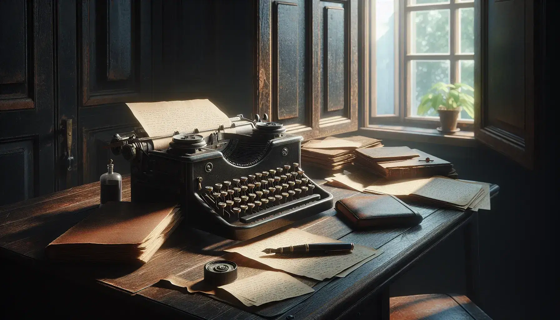 Scrivania in legno scuro con macchina da scrivere vintage, carte sparse, penna stilografica e taccuino in una stanza illuminata da una finestra.