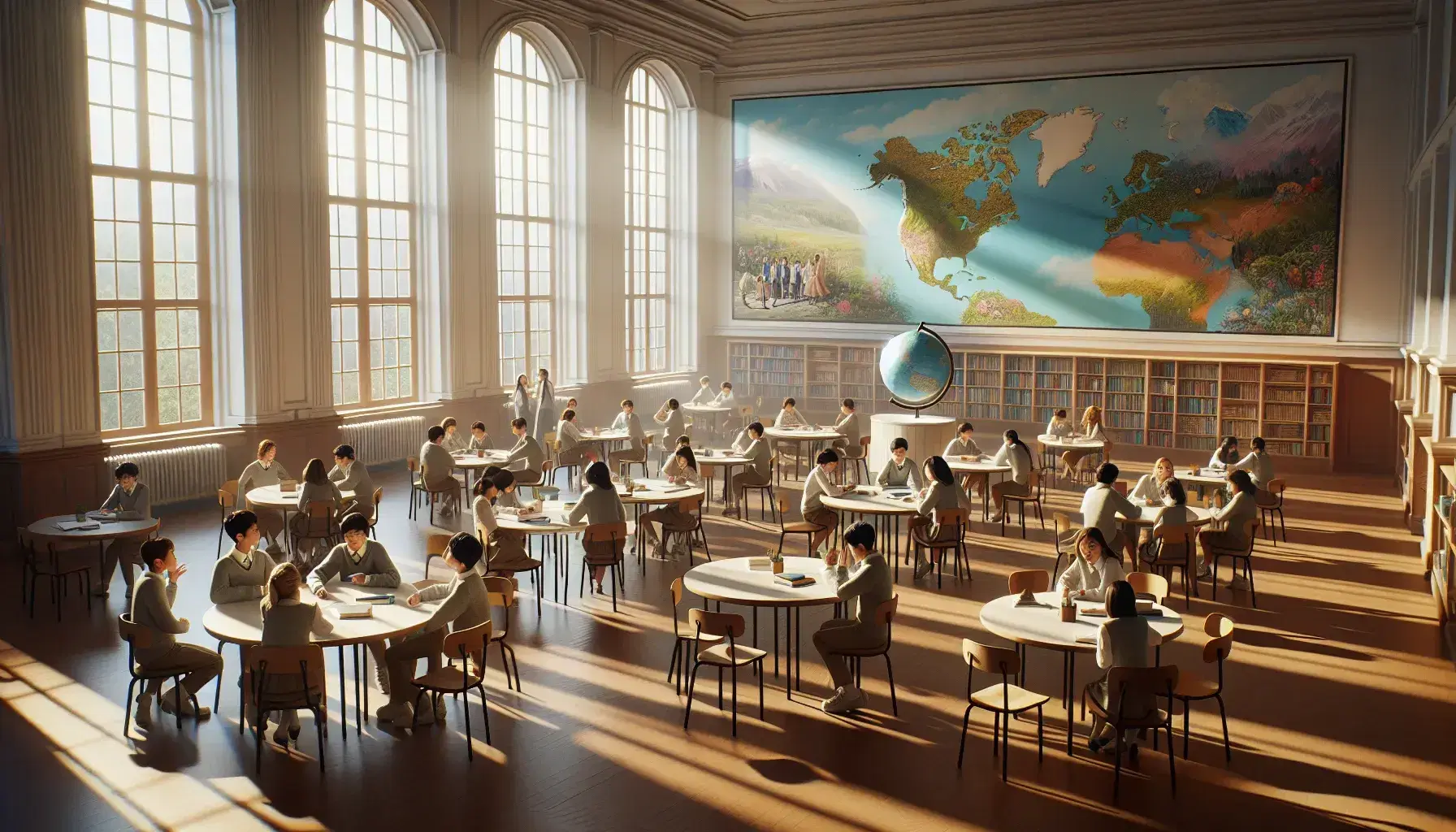 Aula luminosa con estudiantes en uniforme trabajando en mesas redondas, profesor junto a globo terráqueo y pizarrón vacío, decorada con pósteres de paisajes y estantes con libros.