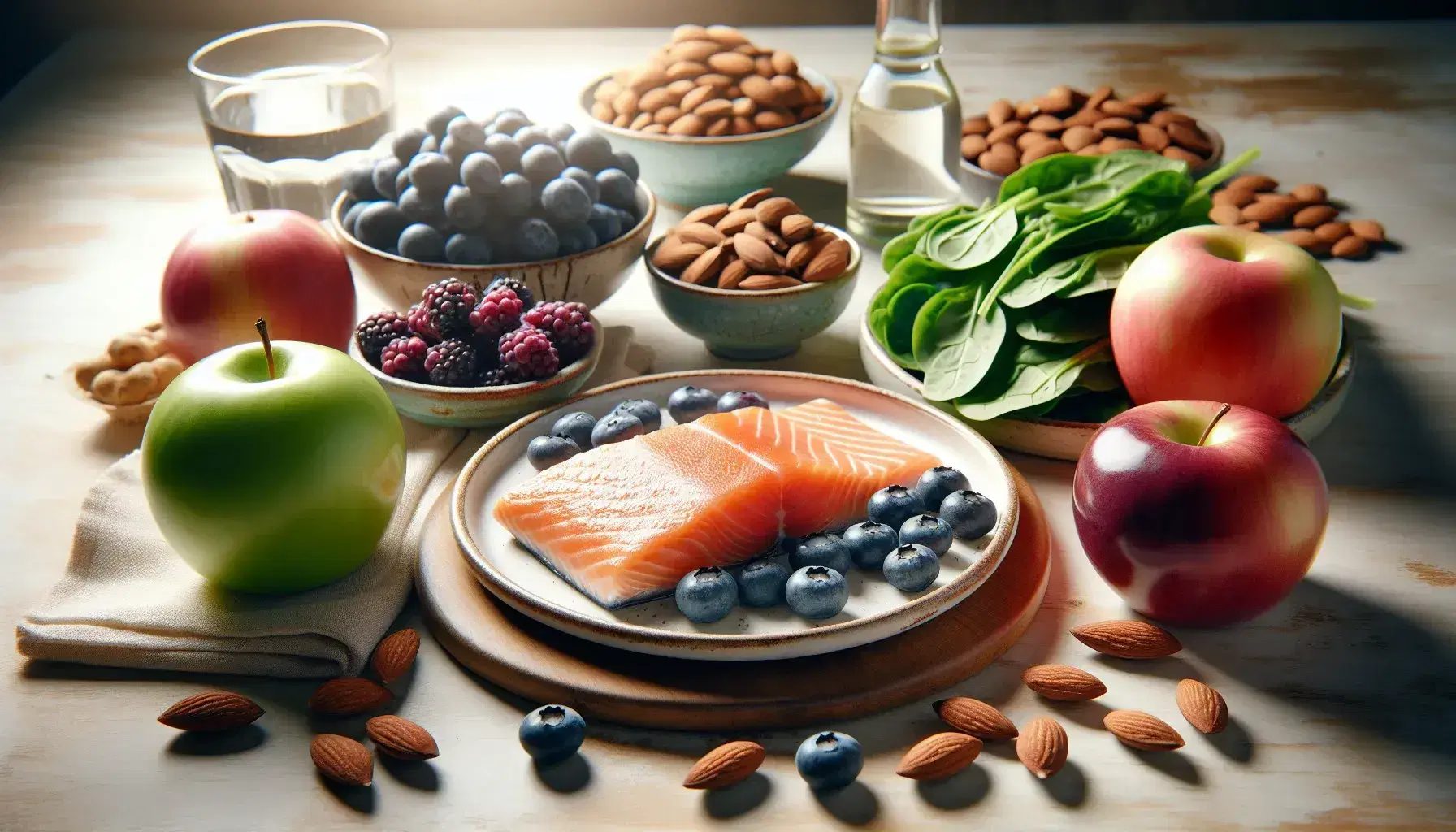 Plato de salmón a la parrilla con bordes dorados, espinacas frescas, uvas verdes, manzana roja, almendras y arándanos sobre superficie de madera clara.