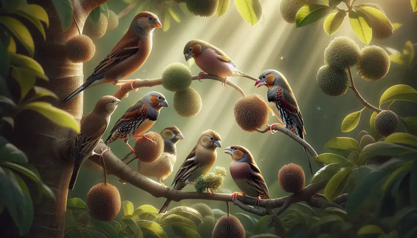 Pinzones de diversas especies posados en ramas de un árbol frondoso, con plumajes desde marrones a claros y picos variados, algunos comiendo semillas y otros extrayendo néctar.
