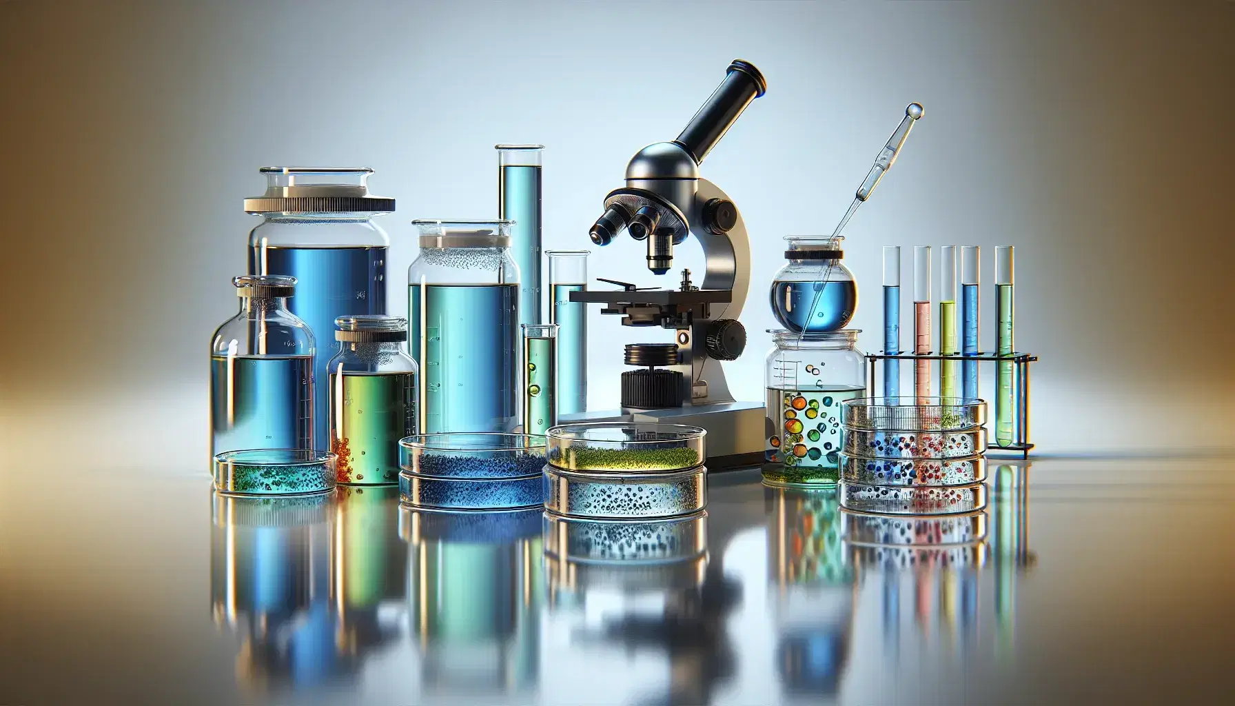 Frascos de vidrio con líquidos de colores en laboratorio, microscopio y placa de Petri con cultivos, reflejados en superficie blanca.