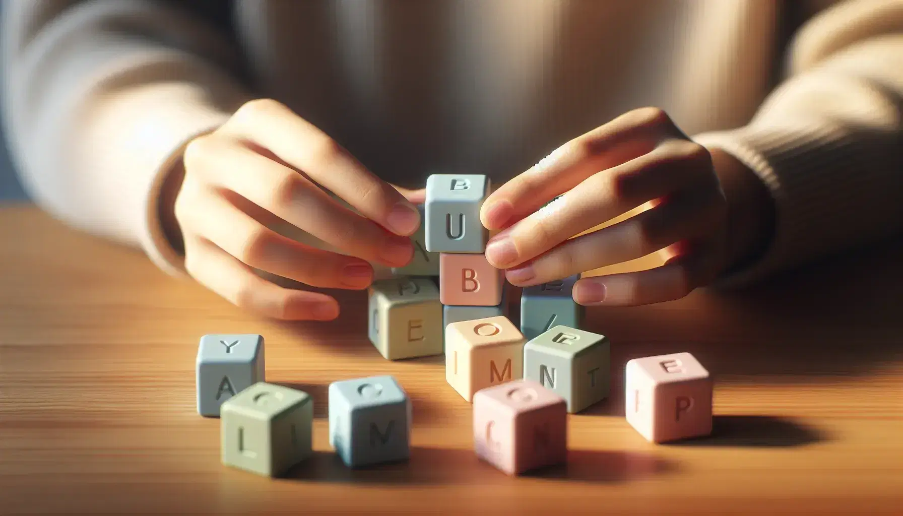 Hands arranging colorful pastel alphabet blocks on a wooden table, highlighting a light blue and a soft pink block with a blurred background.