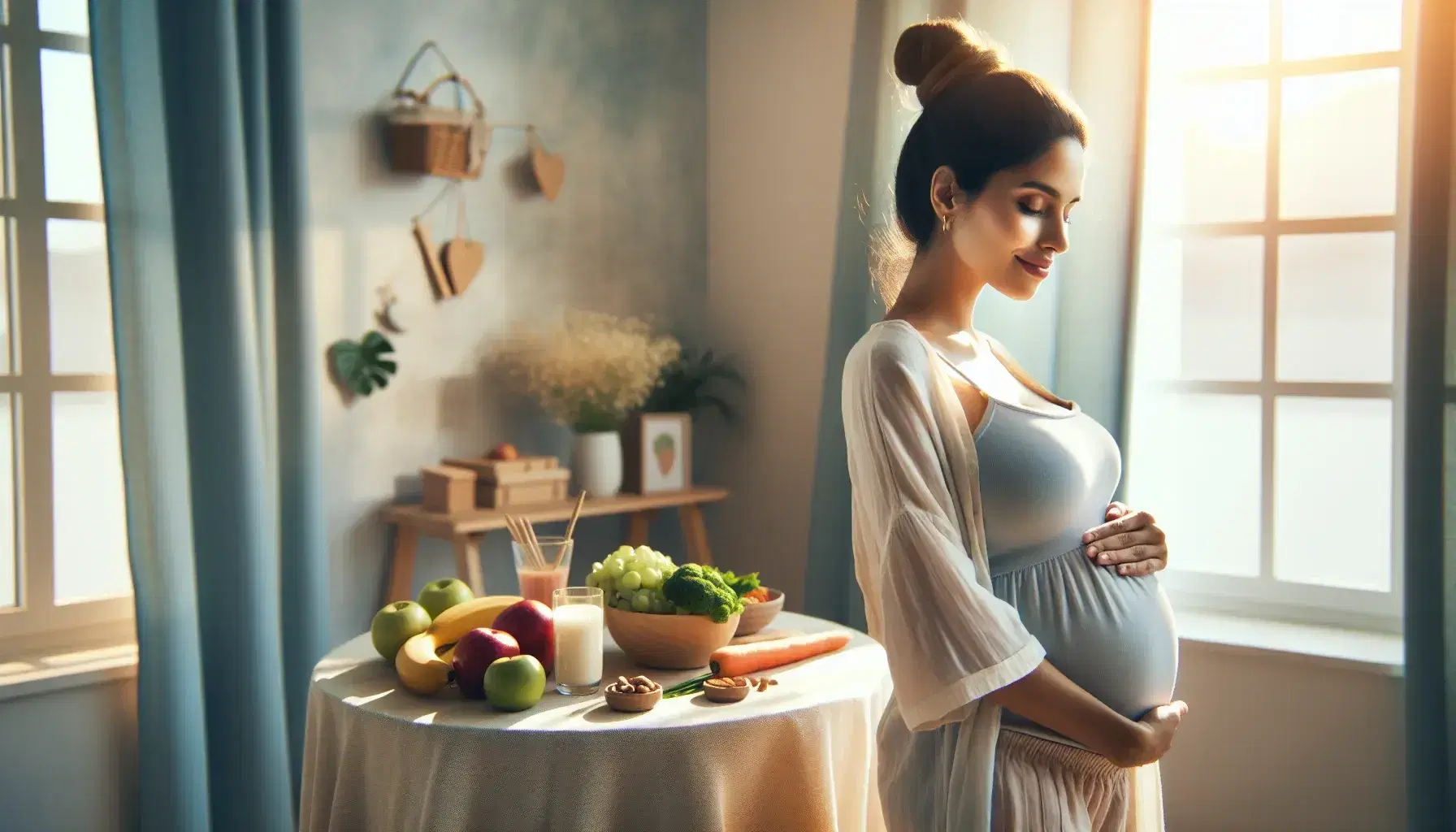 Mujer embarazada hispana sonriendo y acariciando su vientre junto a mesa con alimentos saludables como frutas, verduras y frutos secos, en un ambiente cálido y luminoso.