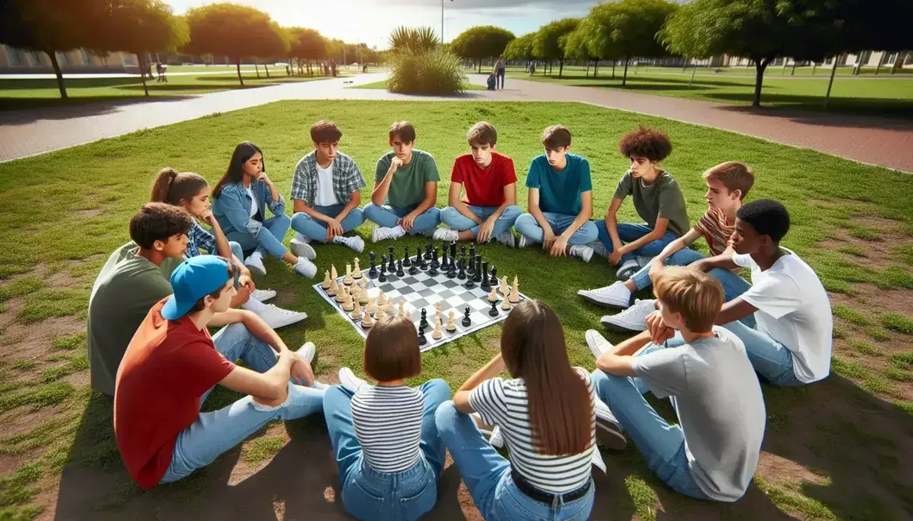 Grupo de adolescentes jugando al ajedrez en el parque, sentados en círculo sobre la hierba con un tablero en el centro, bajo un cielo despejado.
