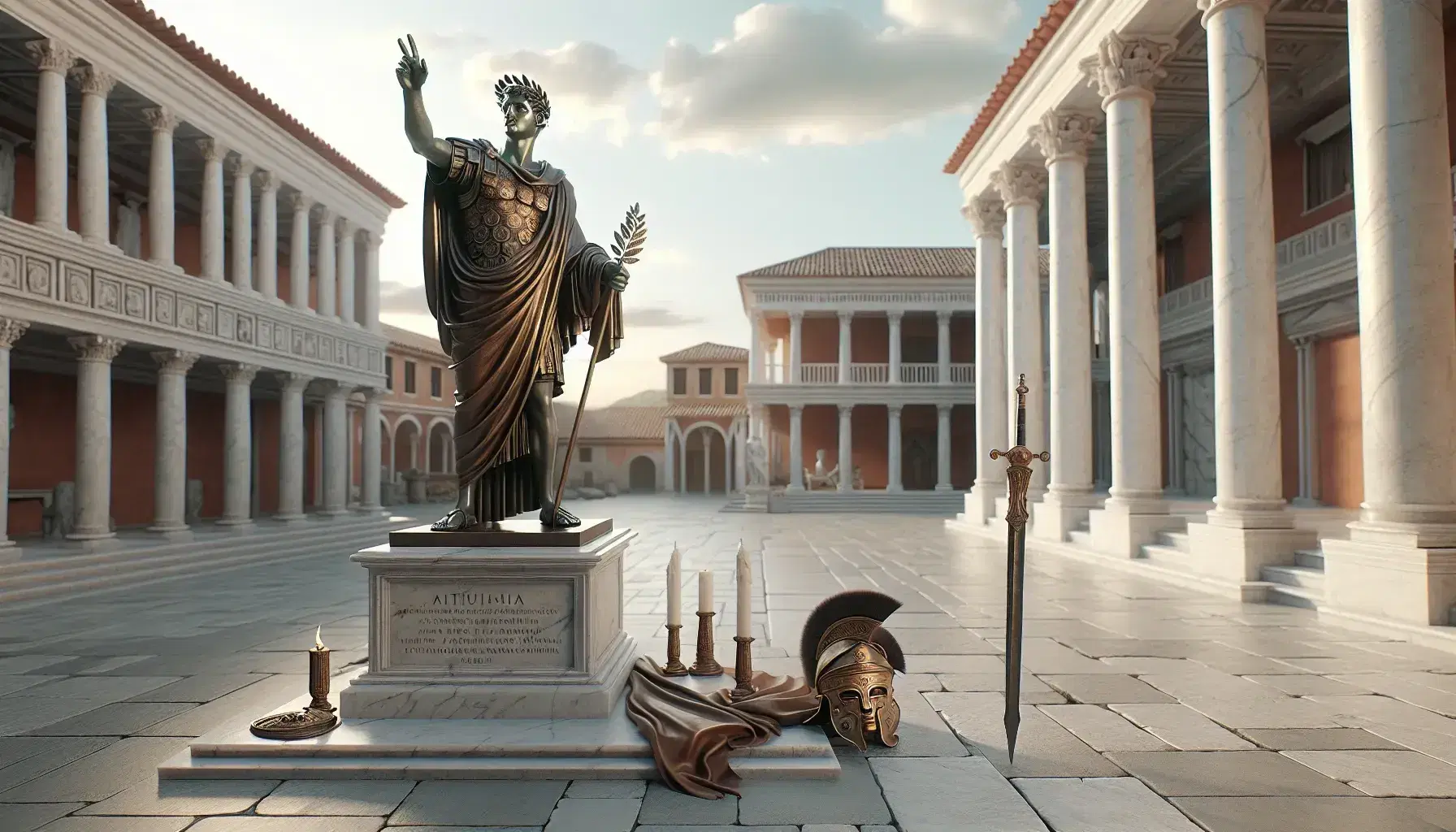 Piazza romana antica con statua di generale in bronzo, colonna marmorea, spada e elmo su basi di pietra e pergamena, sotto cielo azzurro.