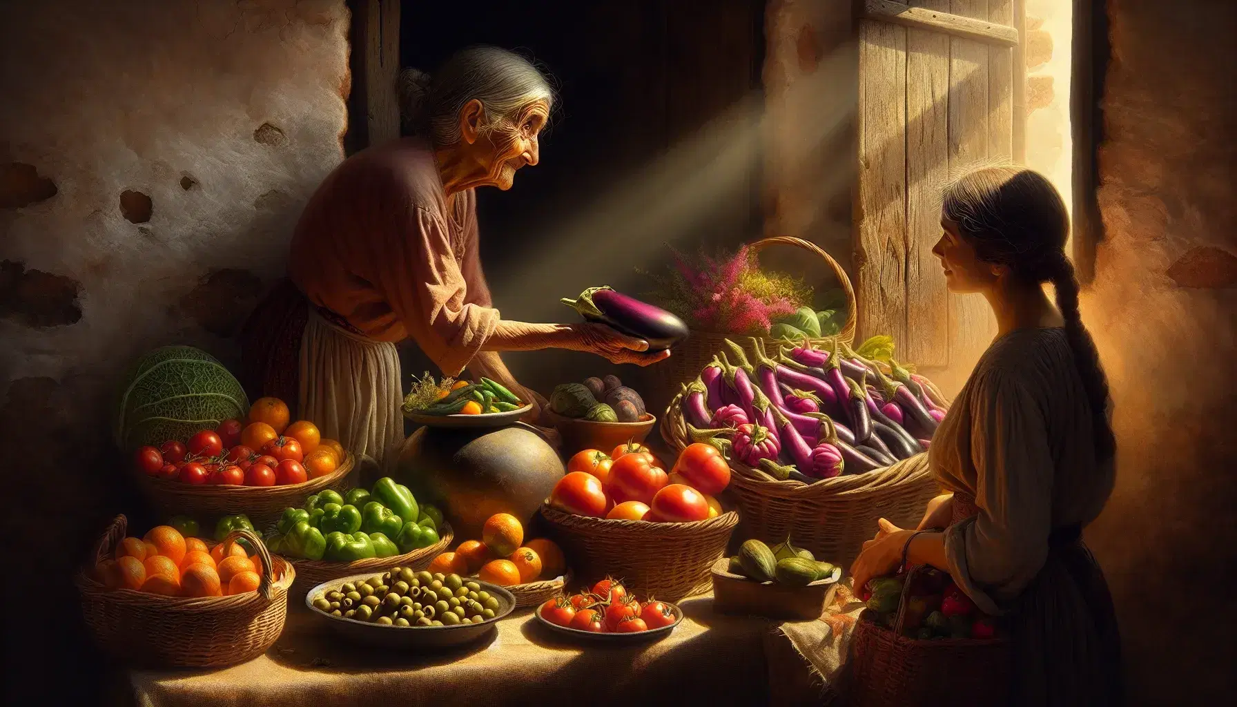 Rustic Spanish market scene with fresh produce on wooden table, elderly vendor handing eggplant to customer, olives and artisanal cheese nearby.
