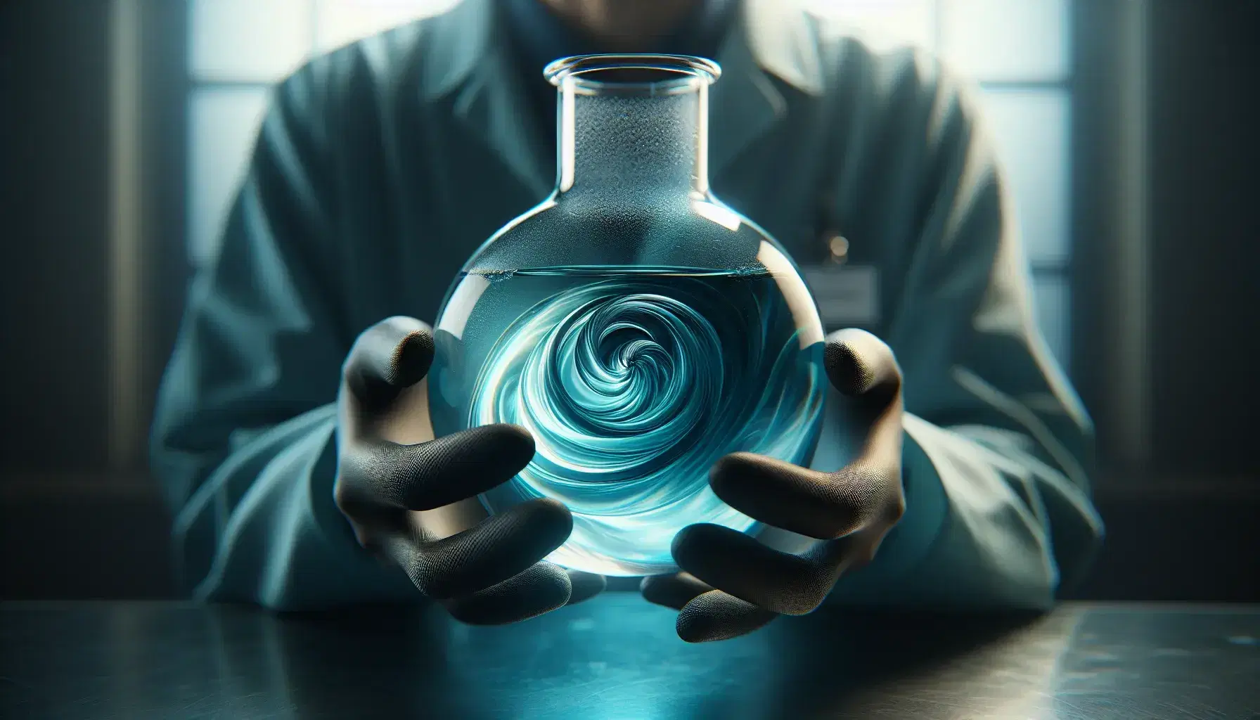 Hands in protective gloves holding a glass flask with a swirling blue to turquoise gradient liquid in a blurred laboratory setting.