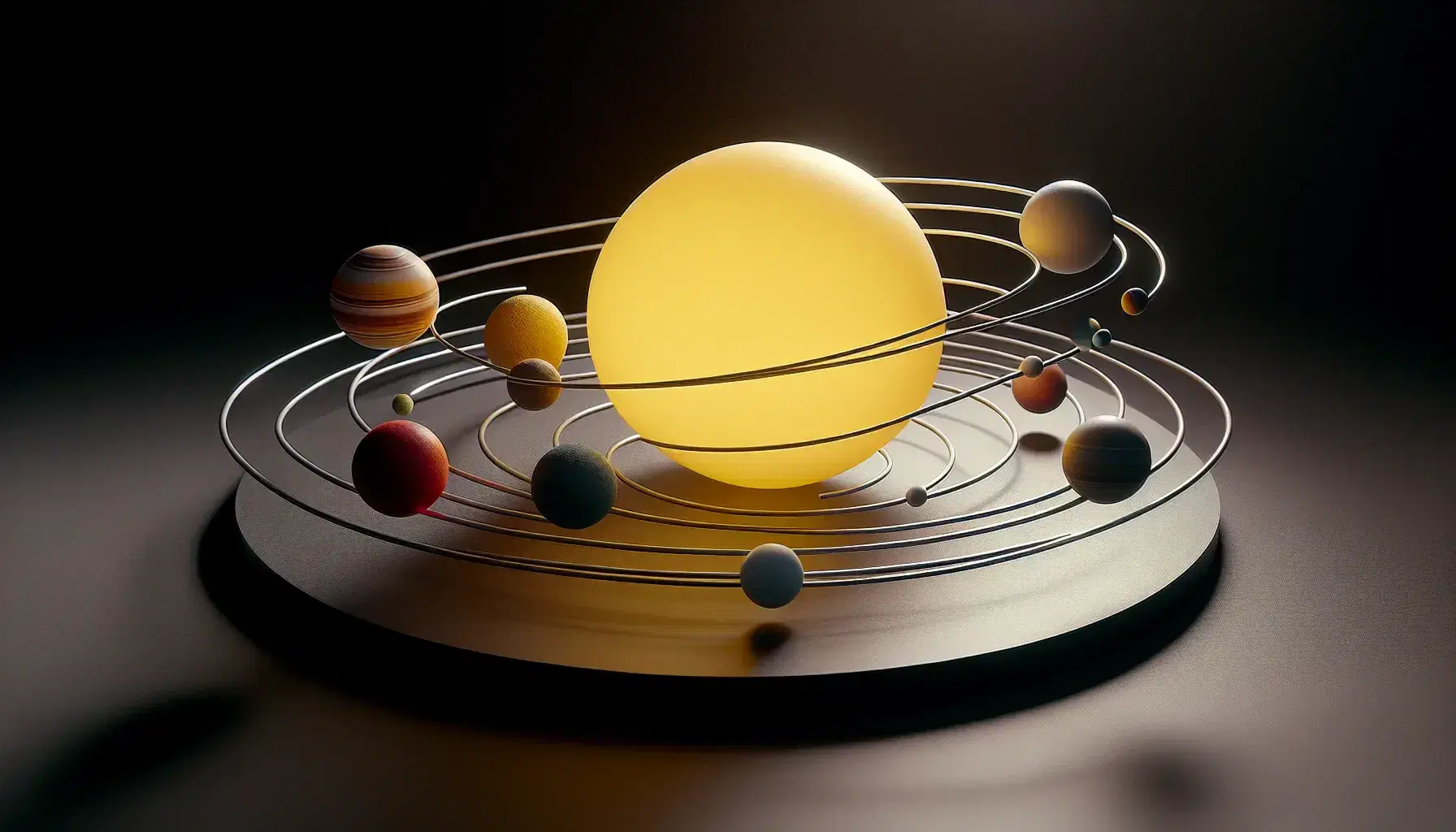 Modelo tridimensional simplificado del sistema solar con esferas representando planetas en órbitas elípticas alrededor de un sol central sobre base negra.