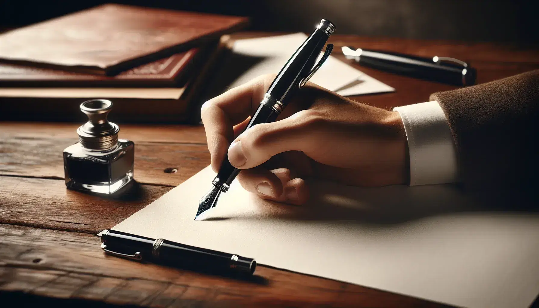 Hand holding a glossy black fountain pen above a blank sheet on a dark wooden desk, with an inkwell and paper stack blurred in the background.