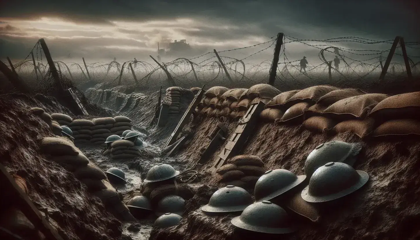 Campo de batalla de la Primera Guerra Mundial con cascos militares dispersos, trincheras reforzadas por sacos de arena y alambres de púas bajo un cielo nublado.