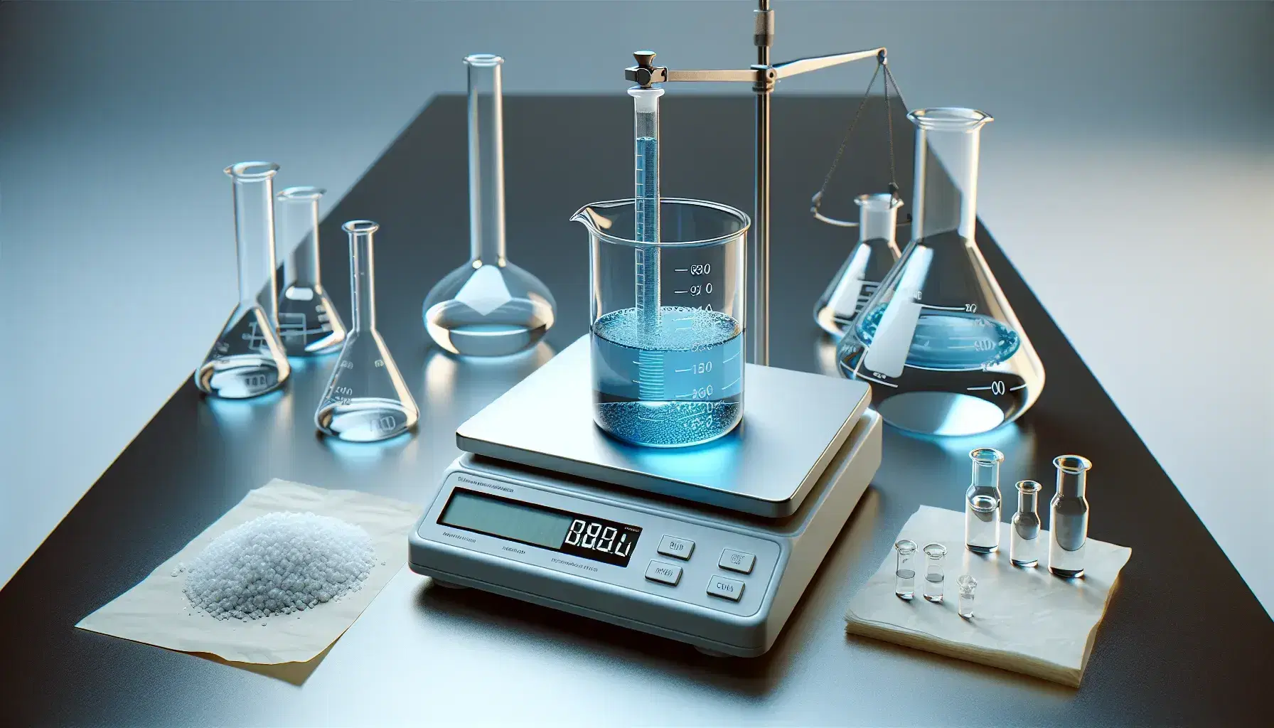 Laboratory with digital scale and beaker with blue liquid, three empty flasks, white substance on weighing paper and burette with yellow liquid.