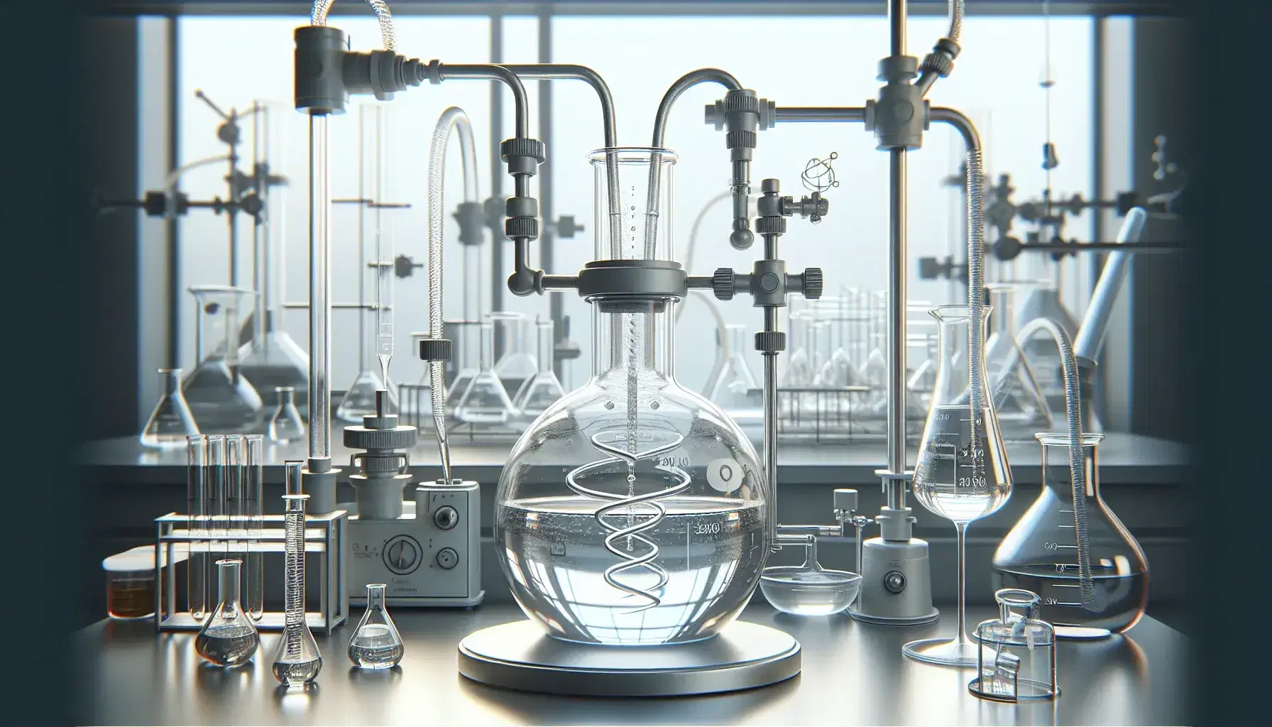 Laboratory setup with a round-bottom flask connected to a vertical condenser for reflux, on a jack above a magnetic stirrer, surrounded by various glassware.