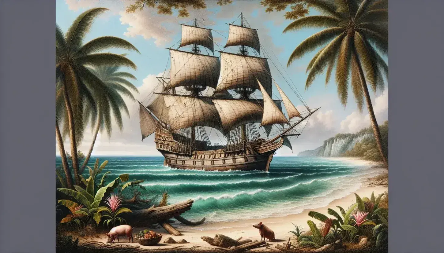 Wooden Age of Exploration sailing ship anchored near a tropical beach with palm trees, domesticated pigs, maize, and potato plants at dusk.