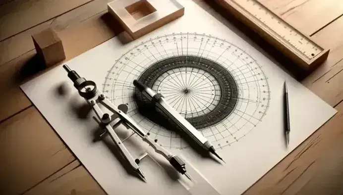Tavolo in legno chiaro con foglio di carta per disegno tecnico, esagono regolare al centro, compasso in acciaio, squadra trasparente, righello e goniometro.