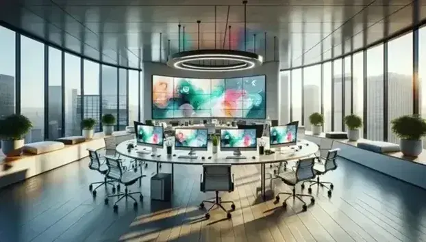 Modern open-plan office with minimalist desks, ergonomic chairs, computers with abstract wallpapers, and a collaborative round table with laptops.