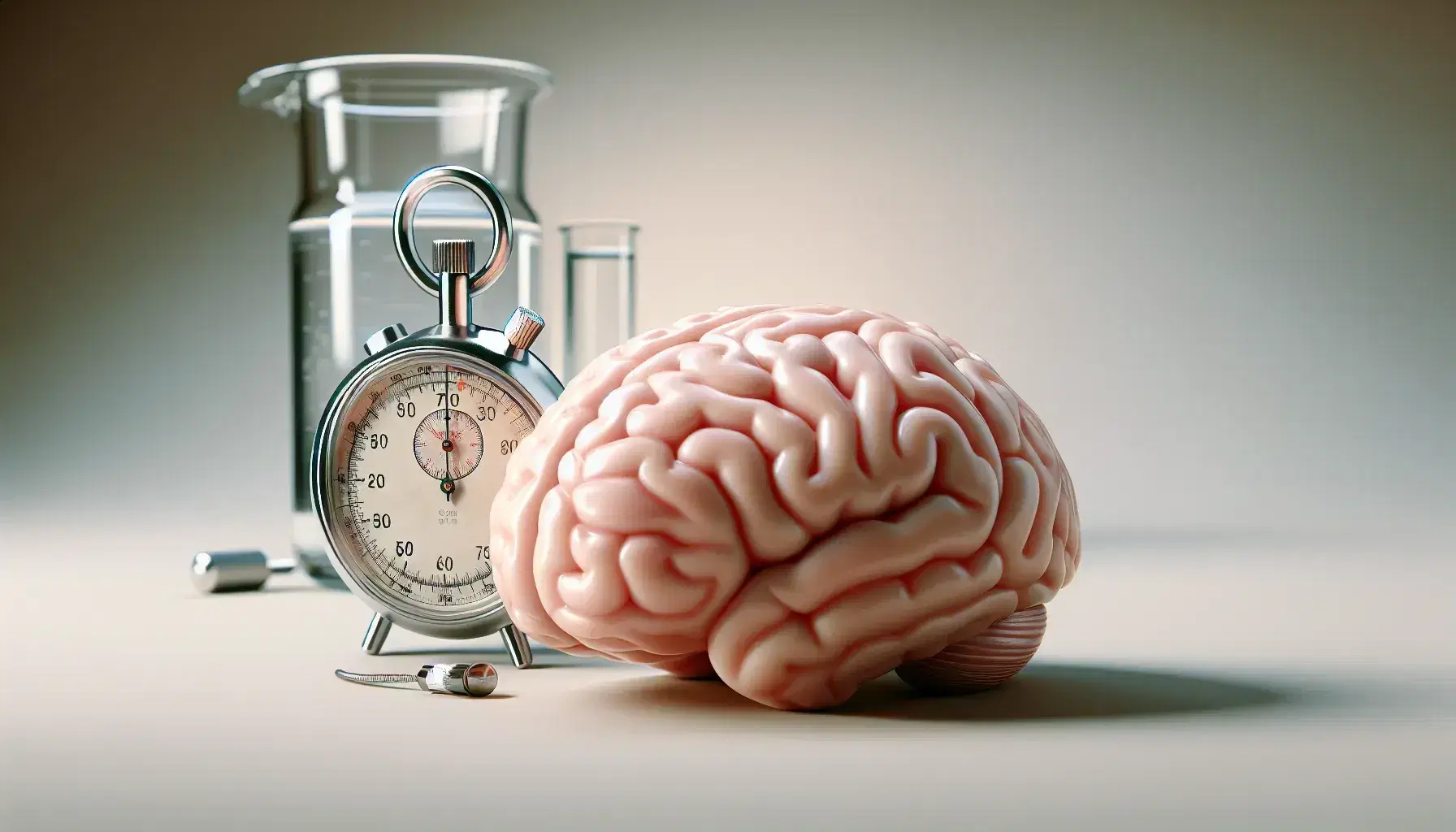 Detailed anatomical model of human brain with metallic stopwatch and glass beaker with transparent liquid on neutral background.