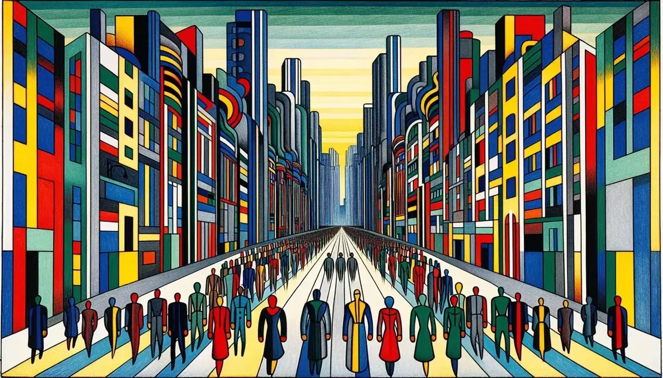 Strada in stile espressionista tedesco con figure umane distorte e colorate su sfondo di edifici blu-verdi e cielo giallo-rosa.